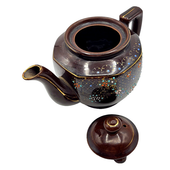 Vtg Hand Painted Teapot Redware Japan Moriage Brown Orange Blue Gold Trim 6.5x8 - Picture 9 of 14